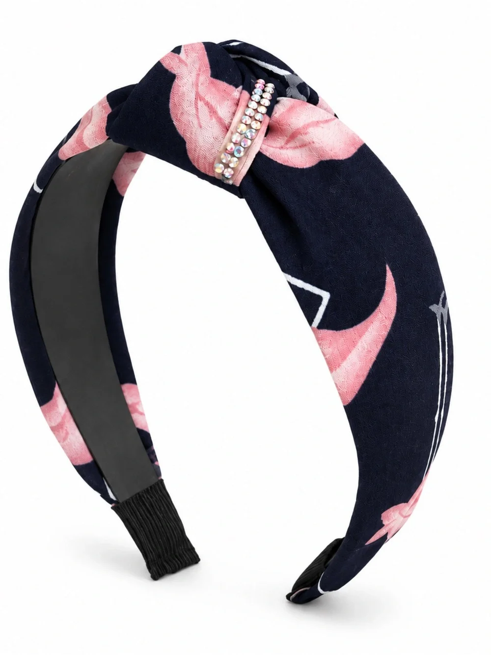 Navy and Pink Floral Knot Headband with Rhinestone Accent